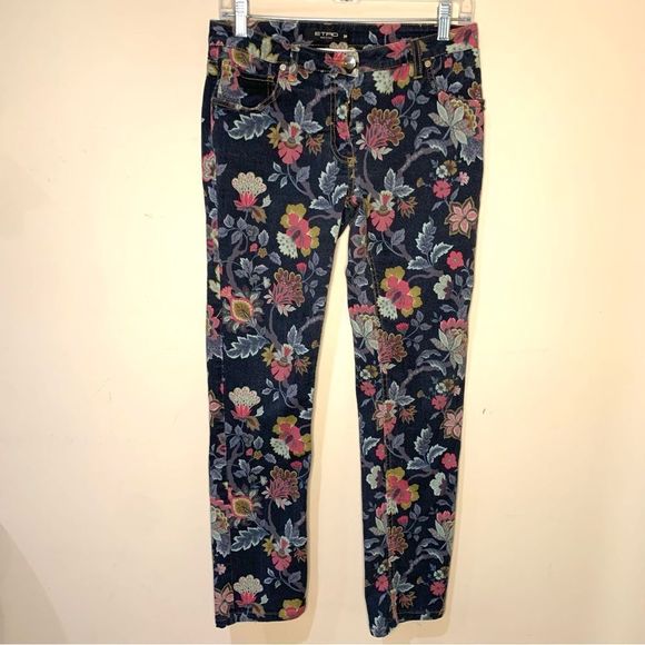 Etro Pants - ETRO Milano Blue Floral Print Straight Leg Mid-Rise Stretch Jeans Womens Size 29